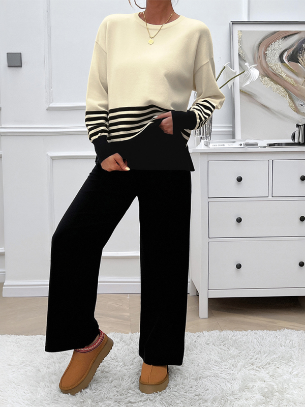 Casual Loose Clashing Color Straight Pants Sweater Set