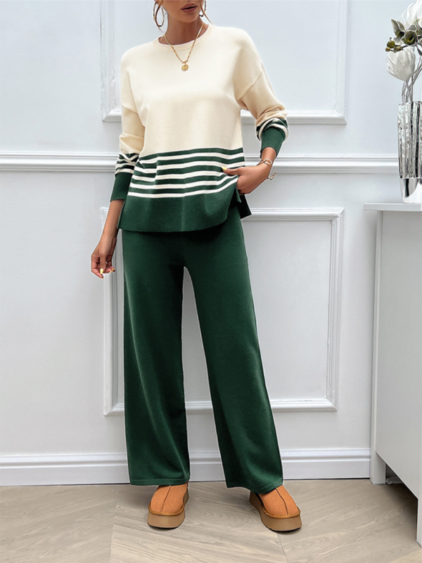 Casual Loose Clashing Color Straight Pants Sweater Set