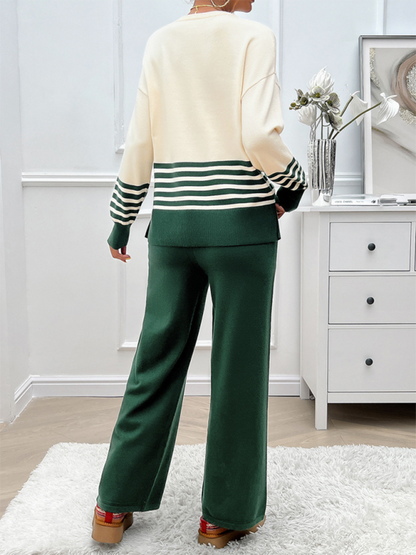 Casual Loose Clashing Color Straight Pants Sweater Set