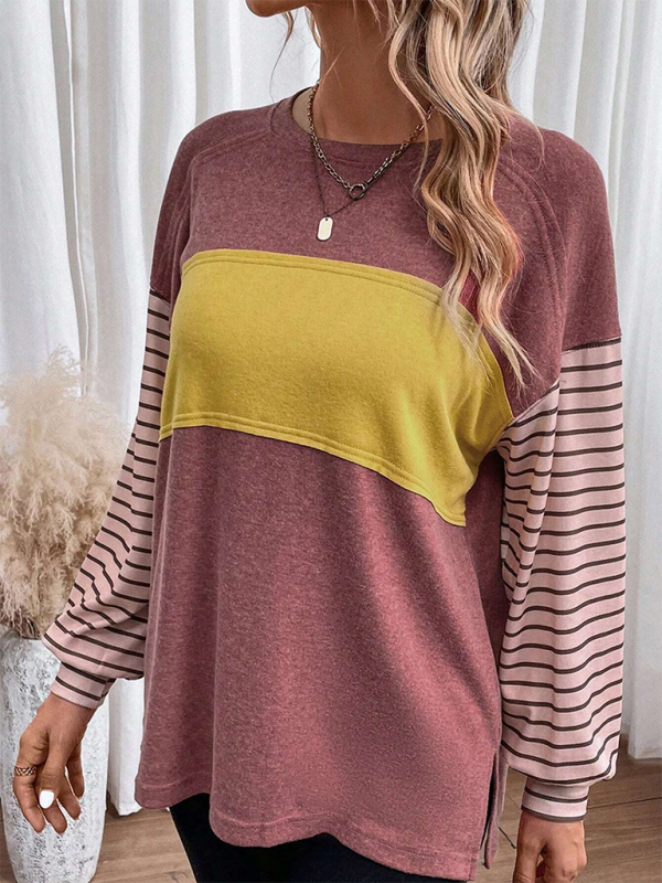 New pullover round neck casual striped color collision long sleeve t-shirt