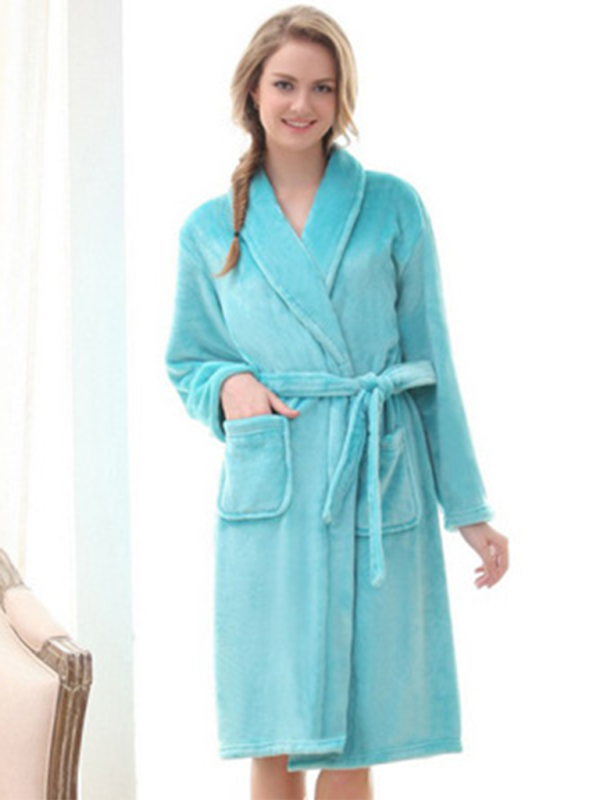 Long-sleeved pajamas solid color lapel casual facecloth robe couple homewear