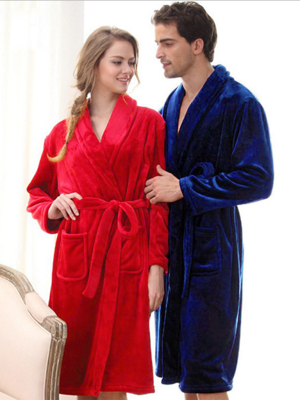 Long-sleeved pajamas solid color lapel casual facecloth robe couple homewear