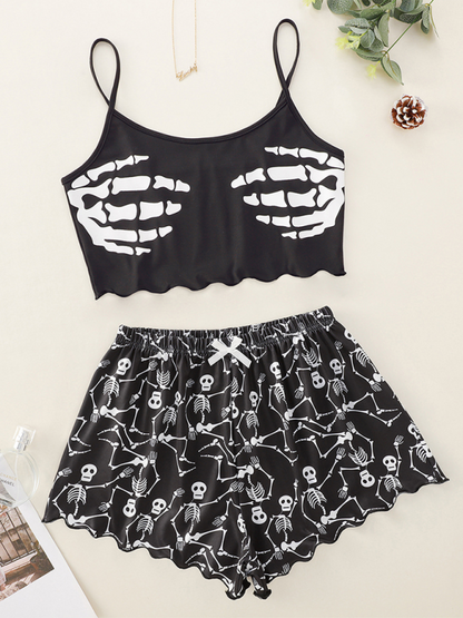 Halloween Pumpkin Print Sleeveless Camisole Top Shorts Homewear Pajama Set