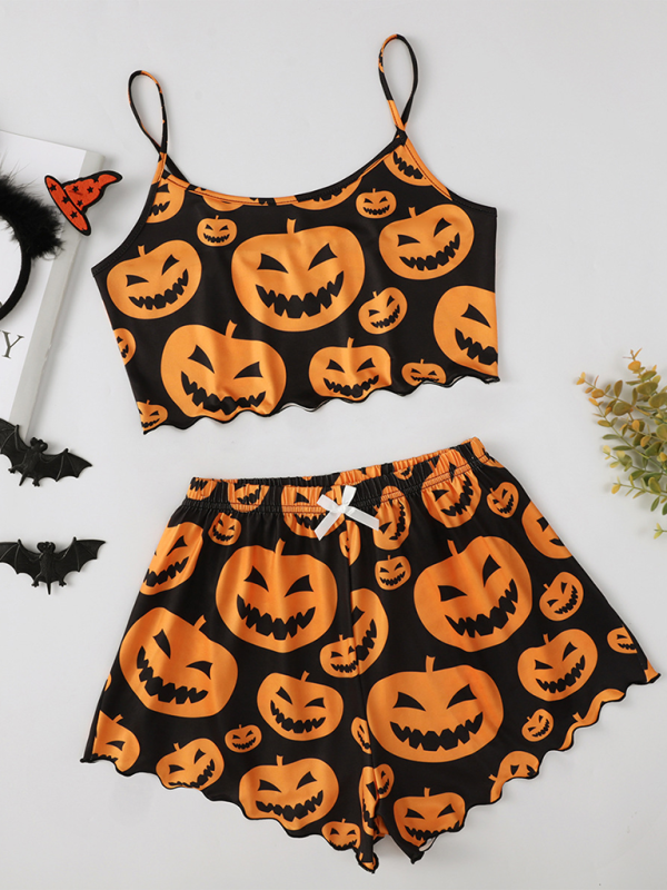 Halloween Pumpkin Print Sleeveless Camisole Top Shorts Homewear Pajama Set