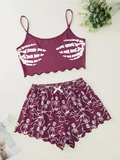 Halloween Pumpkin Print Sleeveless Camisole Top Shorts Homewear Pajama Set