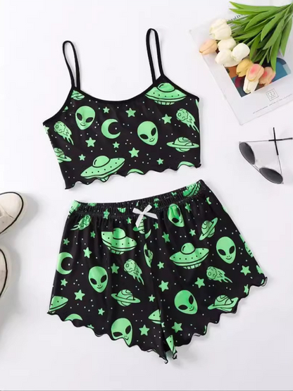 Halloween Pumpkin Print Sleeveless Camisole Top Shorts Homewear Pajama Set