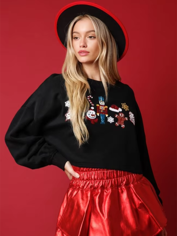 Christmas Sequin Decoration Top Casual Long Sleeve Short Sweatshirt