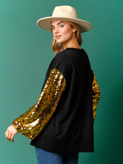 Christmas Sequin Sleeve Top Patchwork Long Sleeve Trendy Sweatshirt