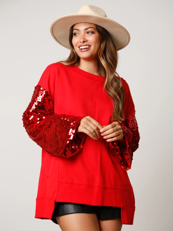 Christmas Sequin Sleeve Top Patchwork Long Sleeve Trendy Sweatshirt