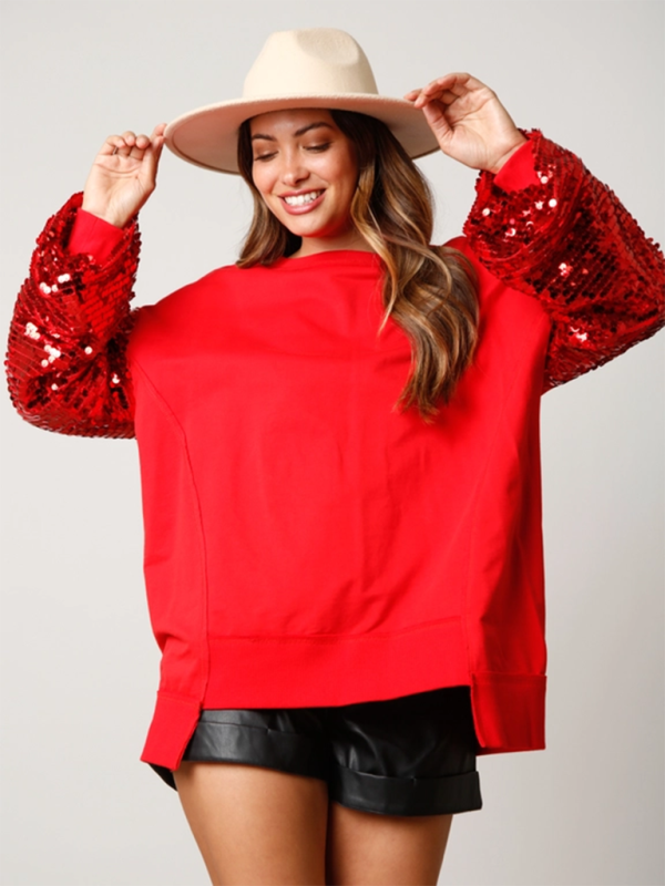 Christmas Sequin Sleeve Top Patchwork Long Sleeve Trendy Sweatshirt