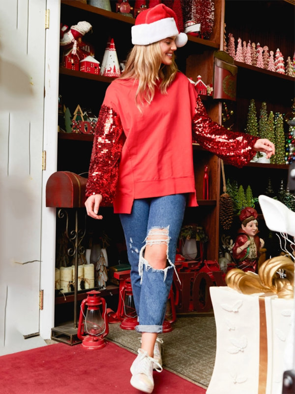 Christmas Sequin Sleeve Top Patchwork Long Sleeve Trendy Sweatshirt