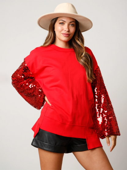 Christmas Sequin Sleeve Top Patchwork Long Sleeve Trendy Sweatshirt