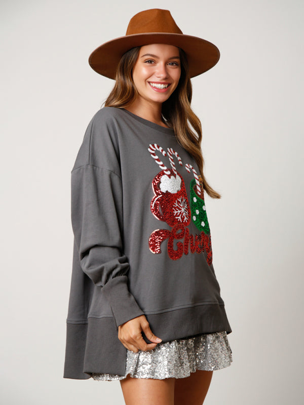 Christmas Candy Cup Sequins Sweatshirt Casual Loose Top