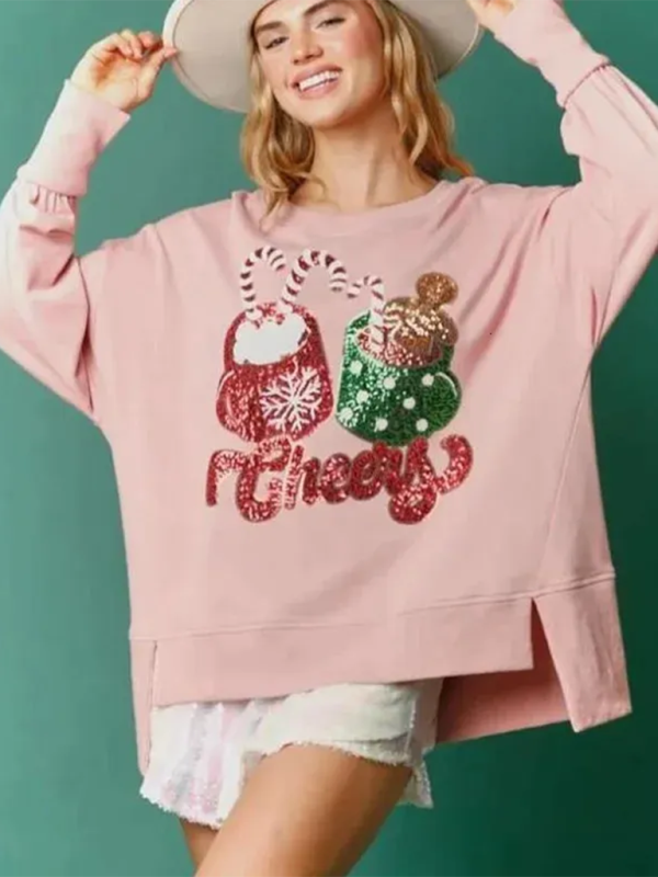 Christmas Candy Cup Sequins Sweatshirt Casual Loose Top