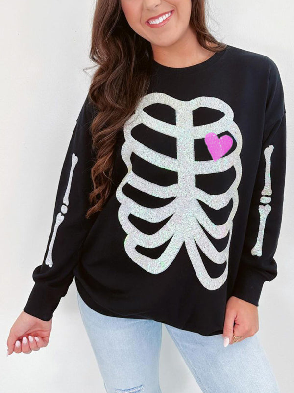 Halloween Skeleton Man Sequin Top Long Sleeve Pullover Sweatshirt