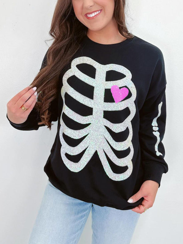 Halloween Skeleton Man Sequin Top Long Sleeve Pullover Sweatshirt