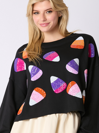 Halloween Candy Sequins Long Sleeve Casual Pullover Sweatshirt