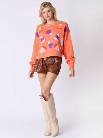 Halloween Candy Sequins Long Sleeve Casual Pullover Sweatshirt