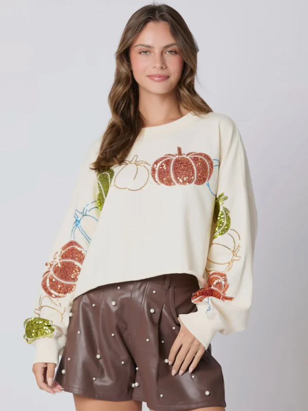 Halloween Pumpkin Sequin Top Long Sleeve Pullover Sweatshirt