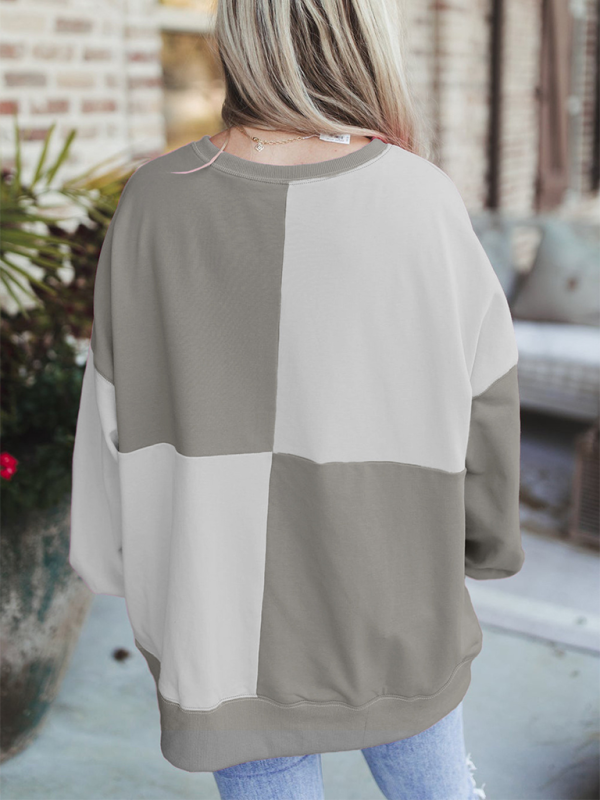 Casual Patchwork Color Block Front Button Long Lapel Sweatshirt