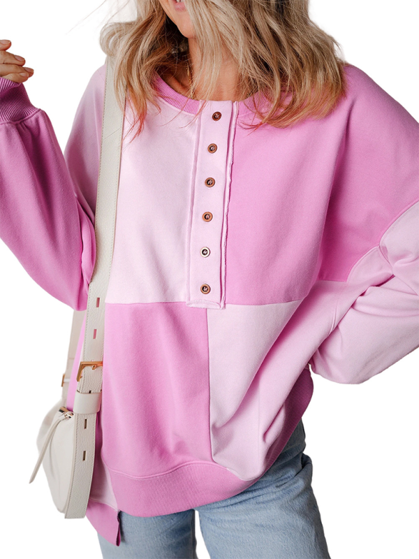 Casual Patchwork Color Block Front Button Long Lapel Sweatshirt