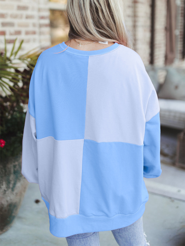 Casual Patchwork Color Block Front Button Long Lapel Sweatshirt