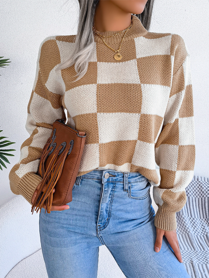 New street style color collision plaid long sleeve pullover knit sweater