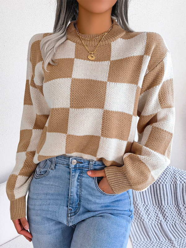 New street style color collision plaid long sleeve pullover knit sweater