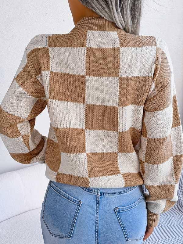 New street style color collision plaid long sleeve pullover knit sweater