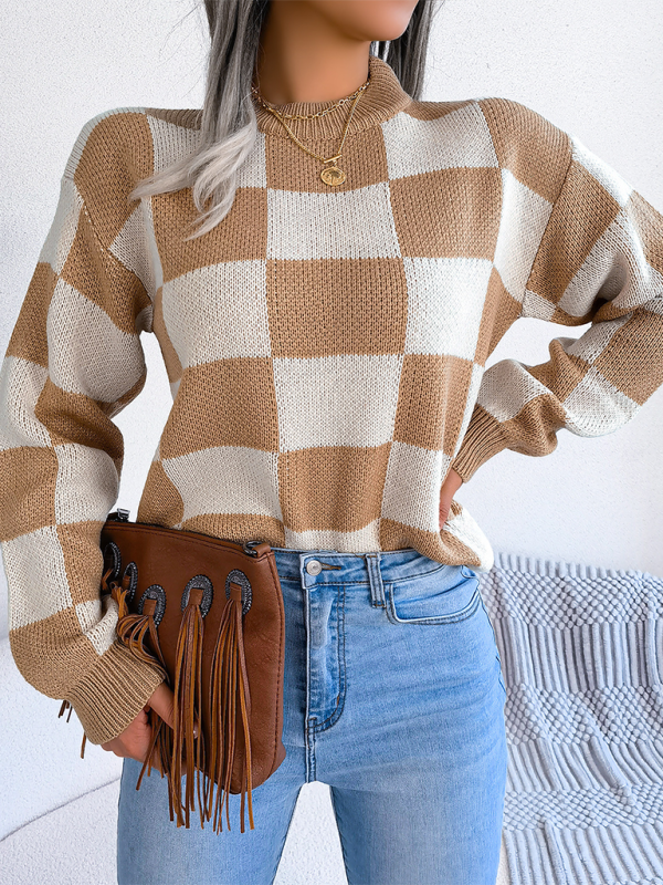 New street style color collision plaid long sleeve pullover knit sweater