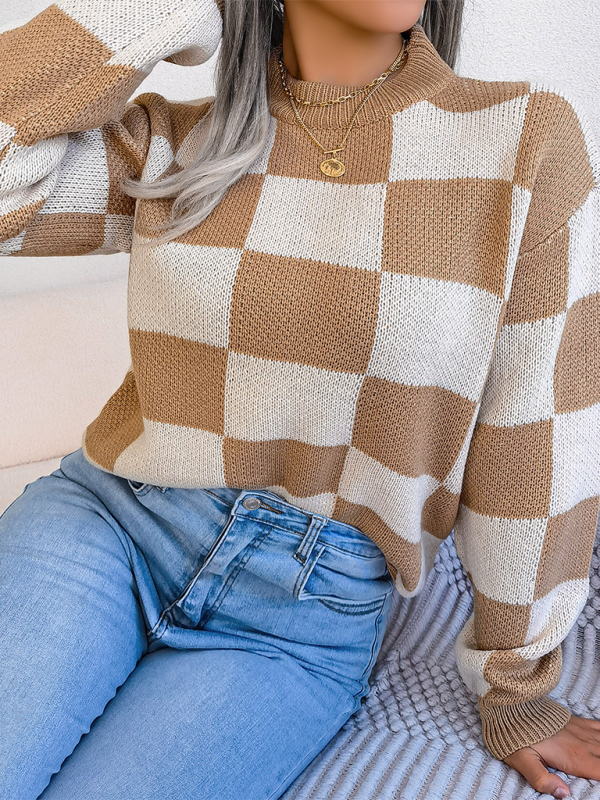 New street style color collision plaid long sleeve pullover knit sweater