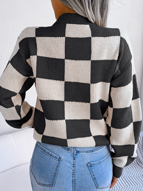 New street style color collision plaid long sleeve pullover knit sweater