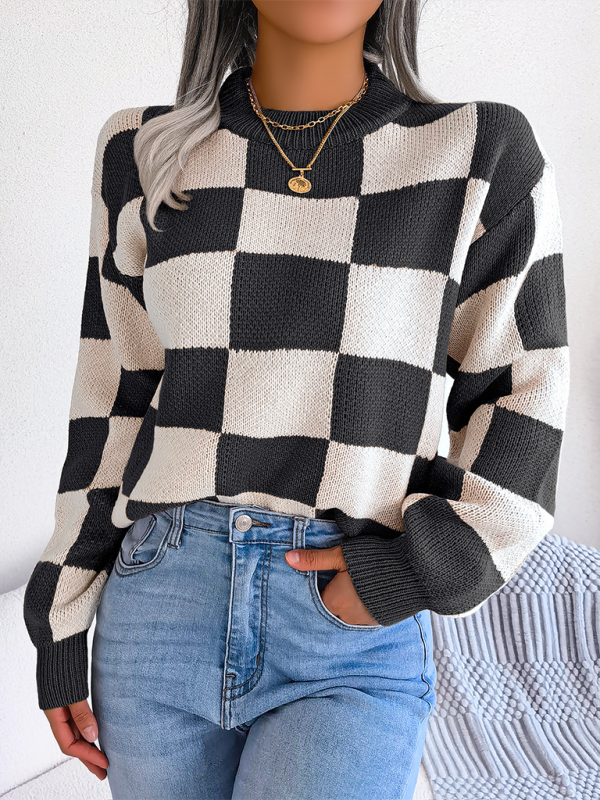 New street style color collision plaid long sleeve pullover knit sweater