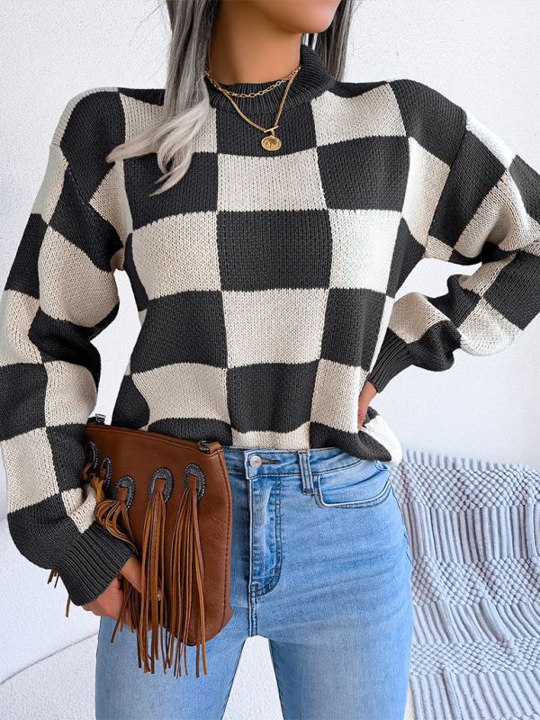 New street style color collision plaid long sleeve pullover knit sweater