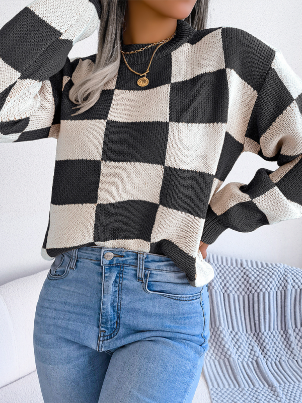 New street style color collision plaid long sleeve pullover knit sweater