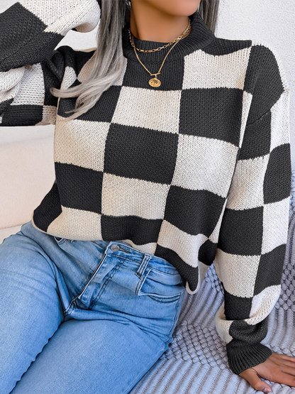 New street style color collision plaid long sleeve pullover knit sweater