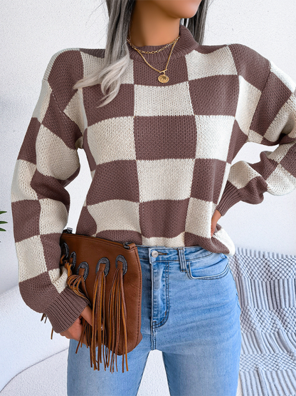 New street style color collision plaid long sleeve pullover knit sweater