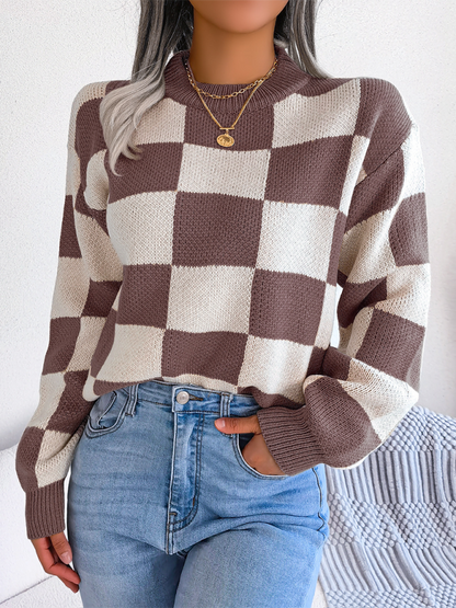 New street style color collision plaid long sleeve pullover knit sweater