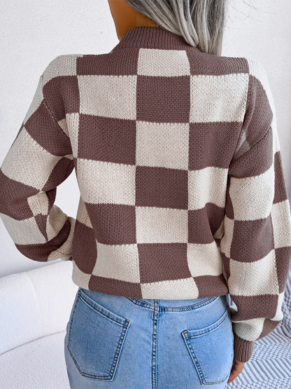 New street style color collision plaid long sleeve pullover knit sweater