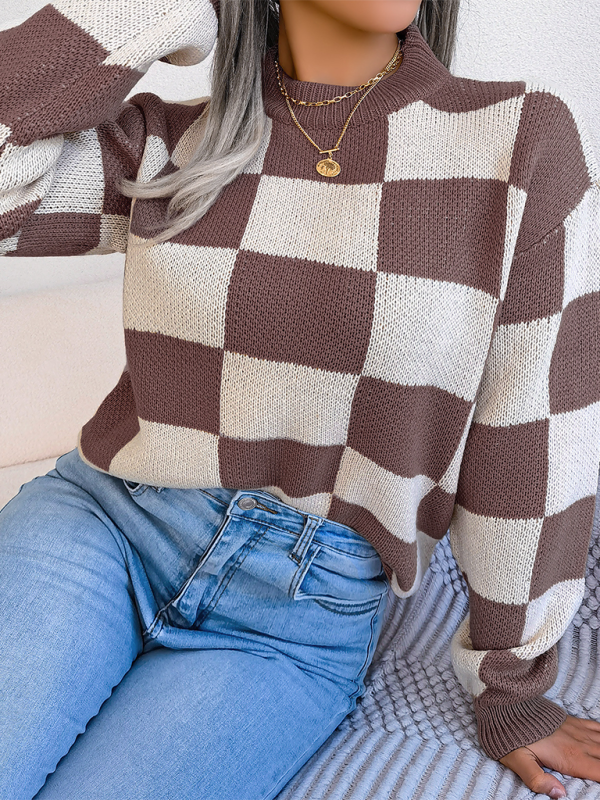 New street style color collision plaid long sleeve pullover knit sweater