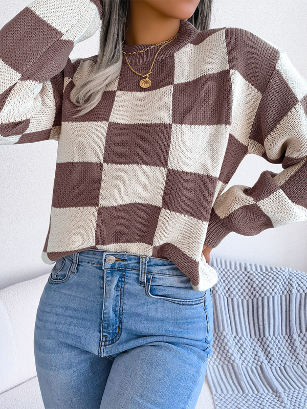 New street style color collision plaid long sleeve pullover knit sweater