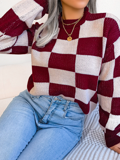 New street style color collision plaid long sleeve pullover knit sweater