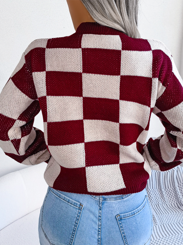 New street style color collision plaid long sleeve pullover knit sweater