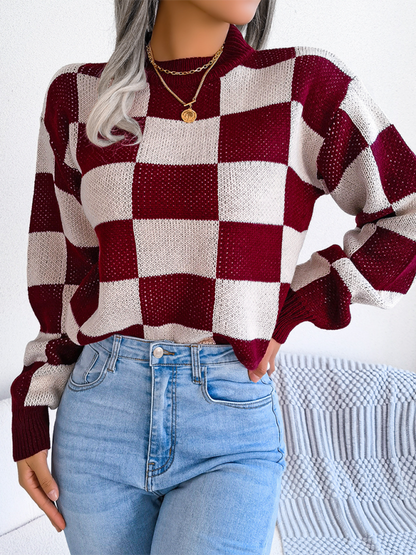 New street style color collision plaid long sleeve pullover knit sweater