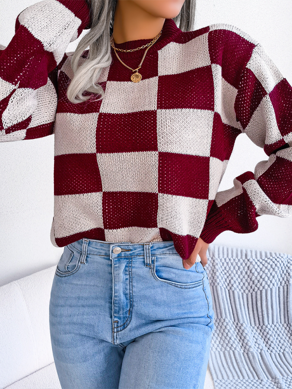 New street style color collision plaid long sleeve pullover knit sweater