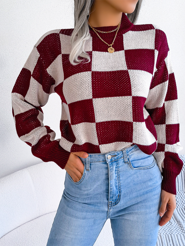 New street style color collision plaid long sleeve pullover knit sweater