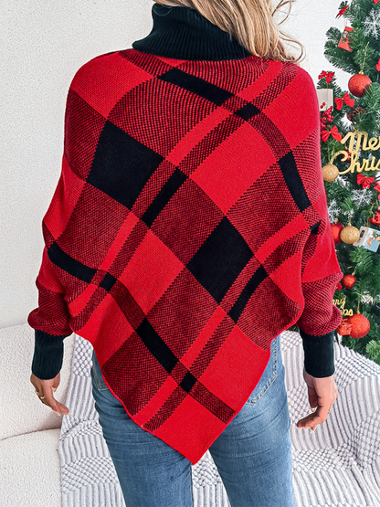 Christmas Casual Contrast Plaid Turtleneck Long Sleeve Poncho Sweater