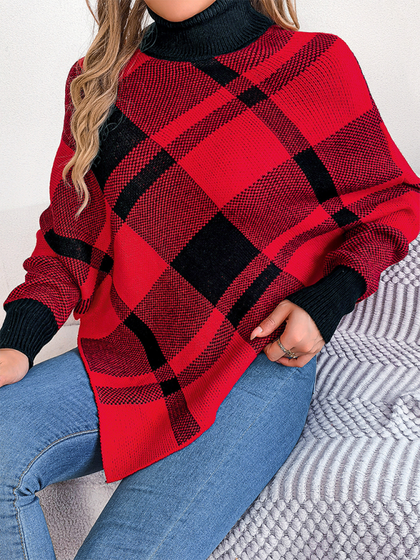 Christmas Casual Contrast Plaid Turtleneck Long Sleeve Poncho Sweater