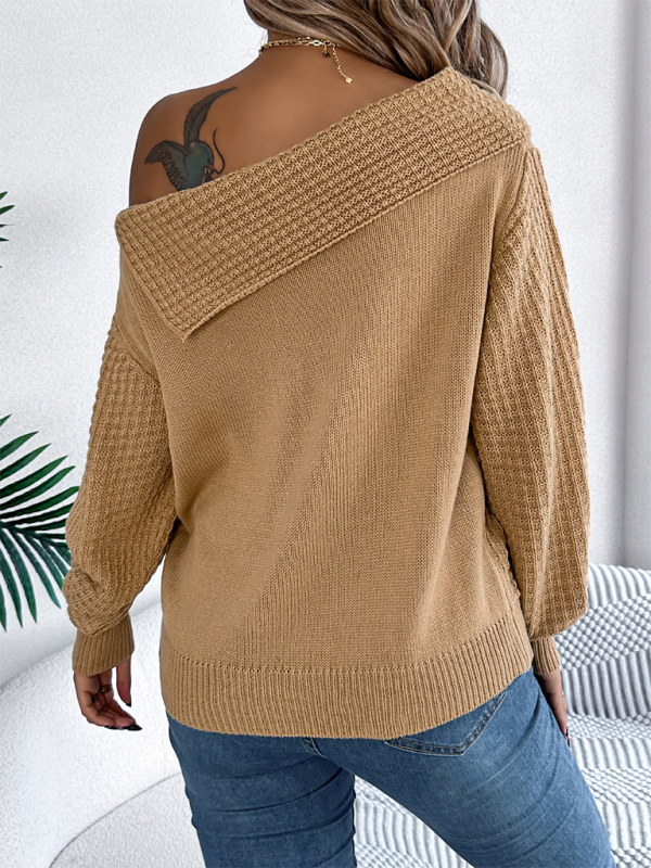 Casual Sexy Lapel Off-shoulder Cable Long Sleeve Pullover