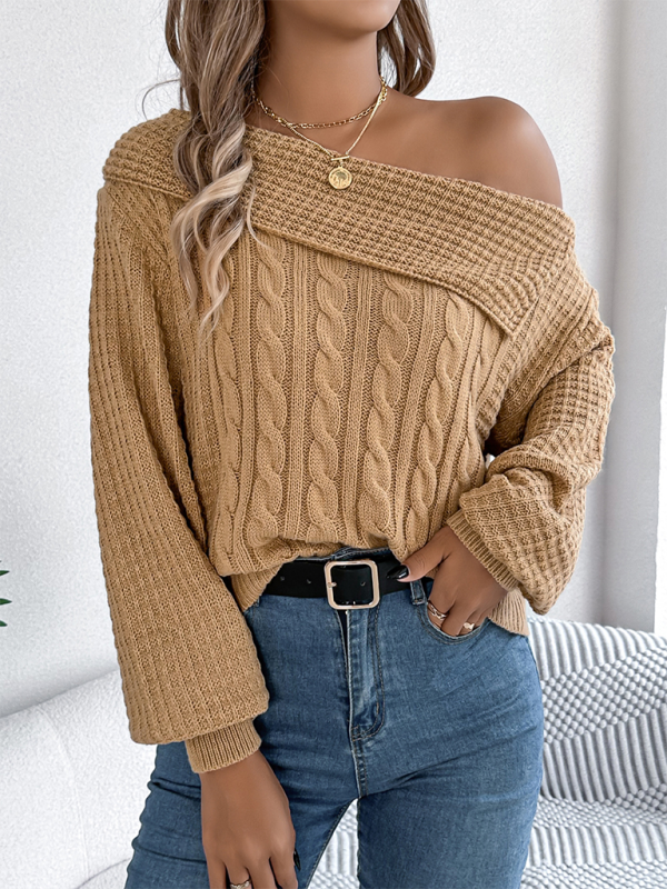 Casual Sexy Lapel Off-shoulder Cable Long Sleeve Pullover